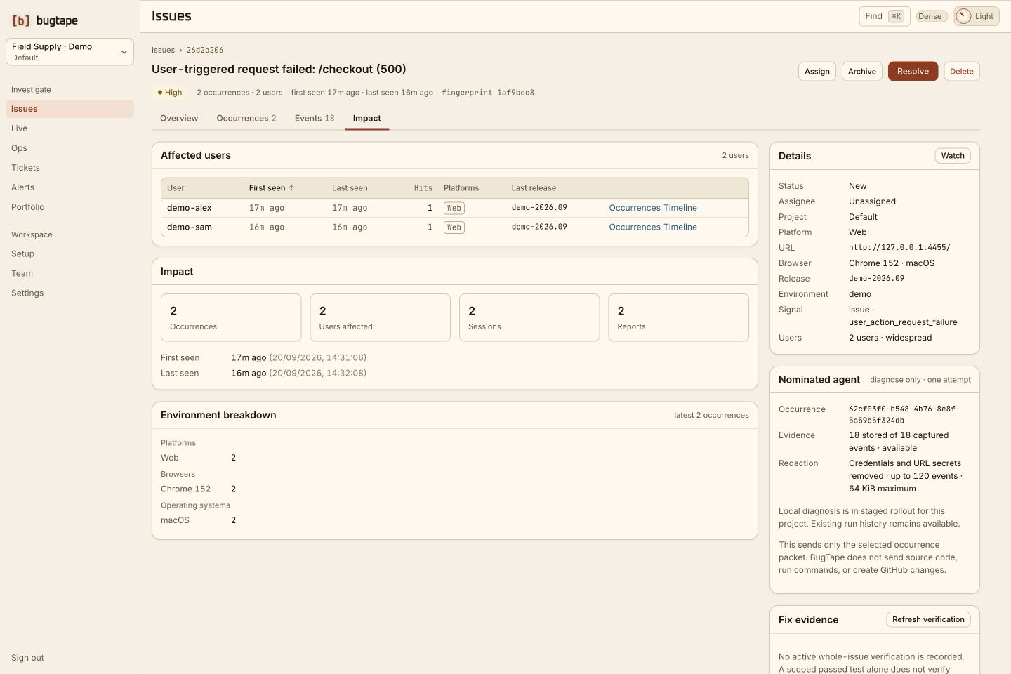 BugTape issue impact view with synthetic affected-user data