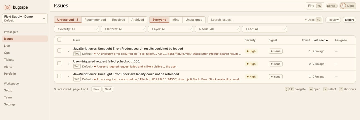 BugTape inbox showing grouped issues and occurrence counts