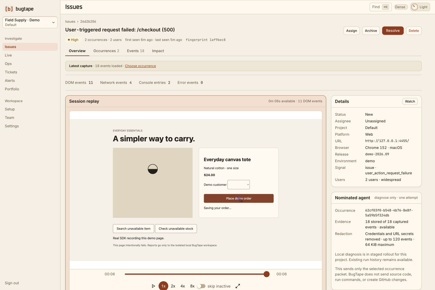 BugTape issue detail showing browser evidence